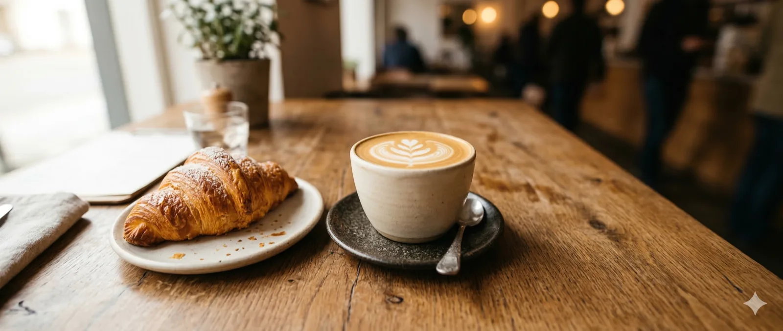 Latte Art und frische Croissants auf Holztisch